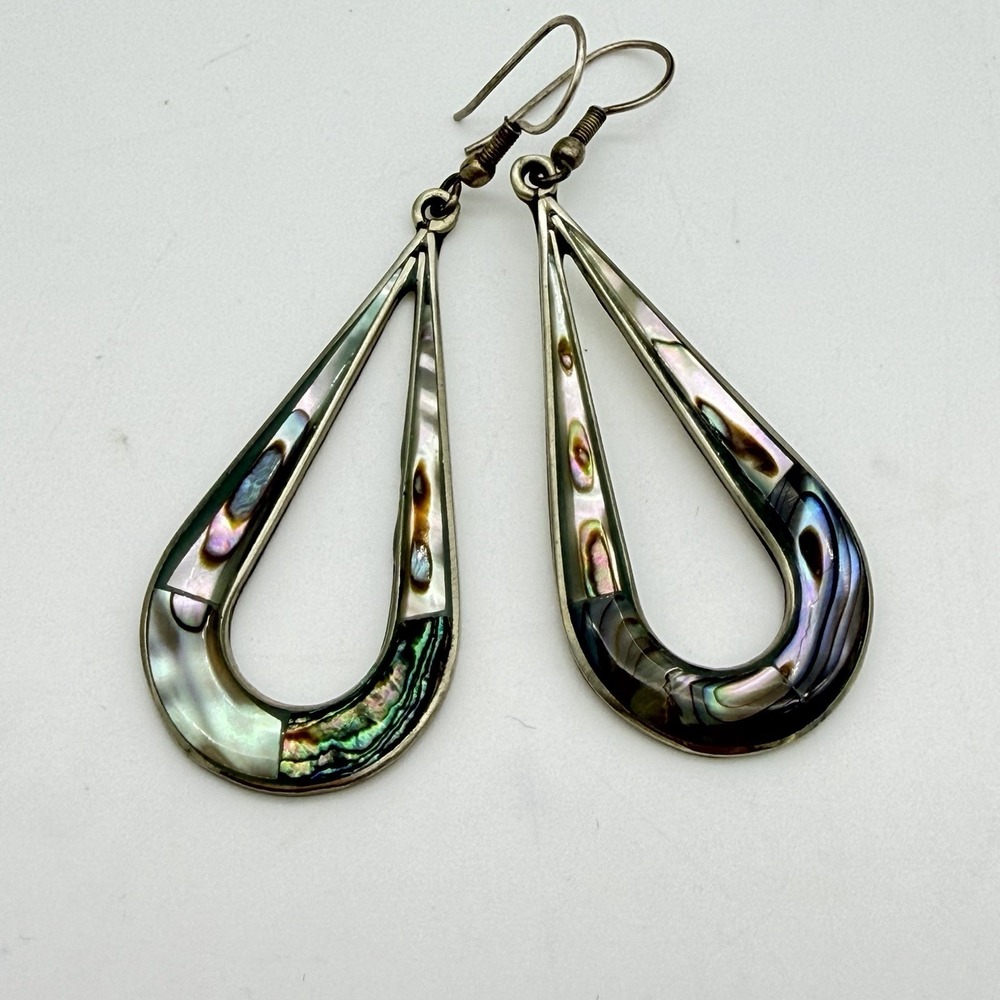 Vintage Mexico Alpaca Abalone Inlay Colorful Lg Dangle Pierced Earrings 1970s